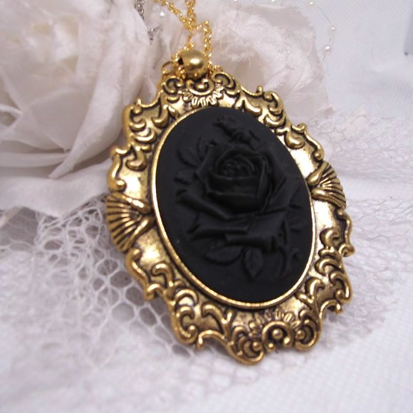 Gold Black on Black Rose Cameo Necklace Pendant - Picture 1 of 6